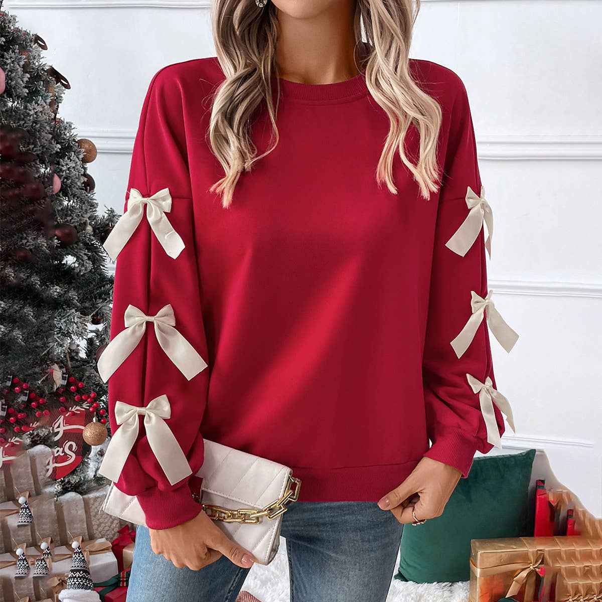 Red Bow Sleeve Sweatshirt