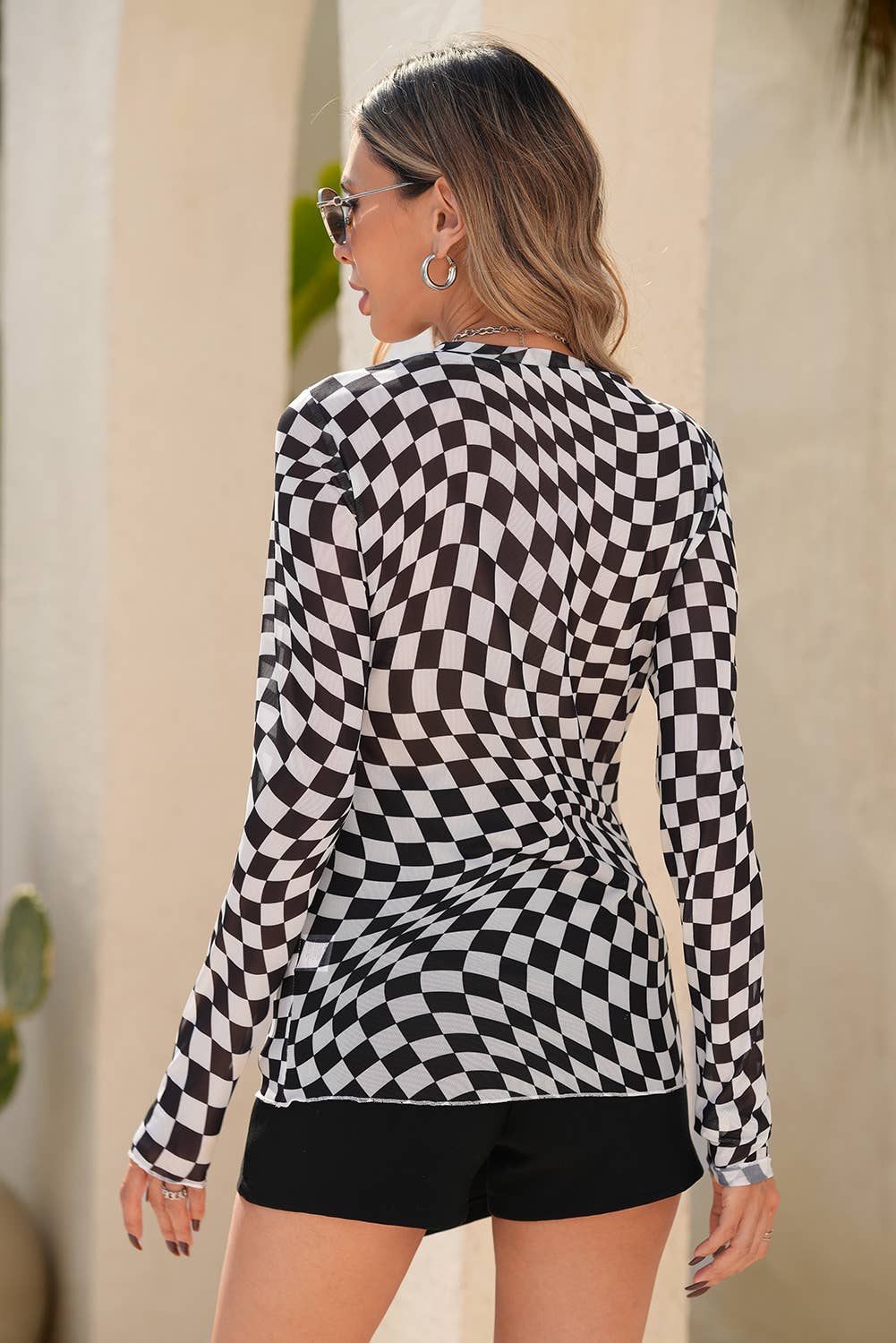 Checkered Mesh Long Sleeve