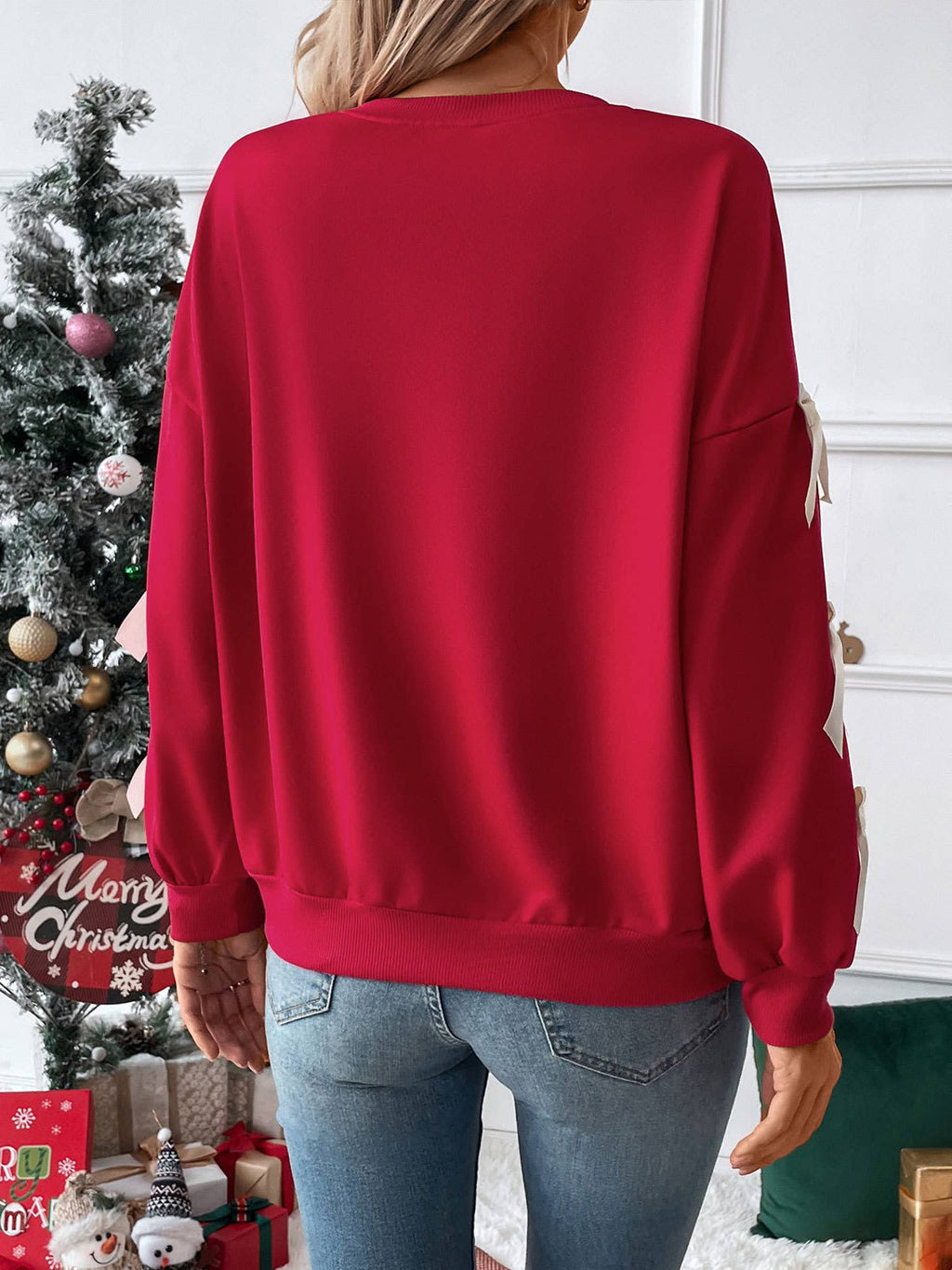 Red Bow Sleeve Sweatshirt