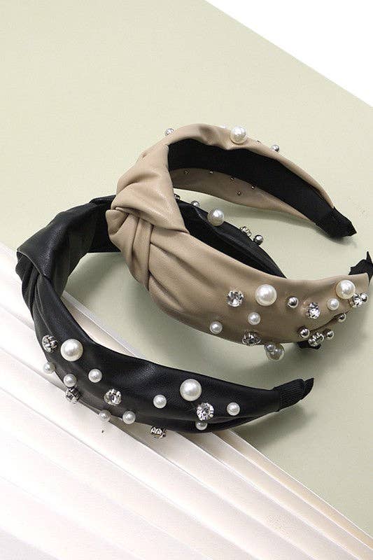 Knotted Faux Leather Pearl + Rhinestone Headband