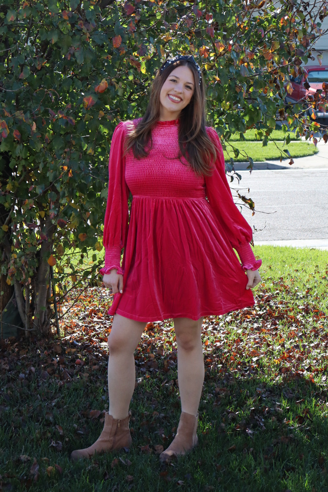 Nina Frilled Neck Smocked Bodice Velvet Dress