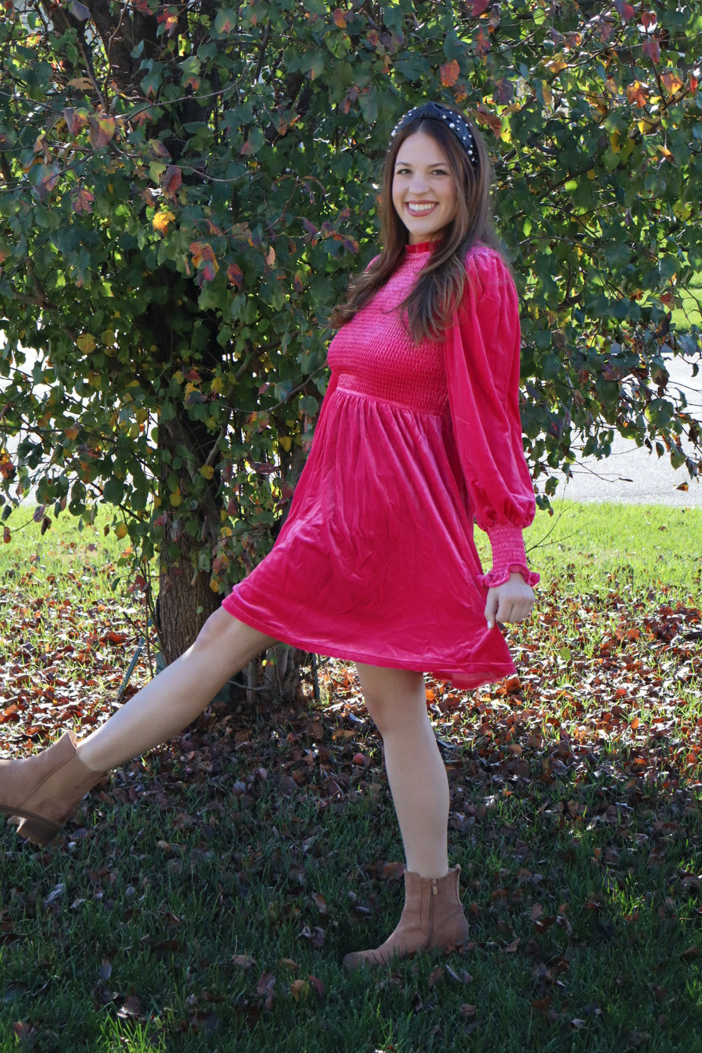 Nina Frilled Neck Smocked Bodice Velvet Dress