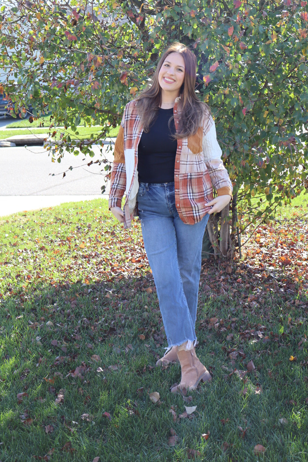 Sutton Plaid Color Block Patchwork Shirt Jacket with Pocket