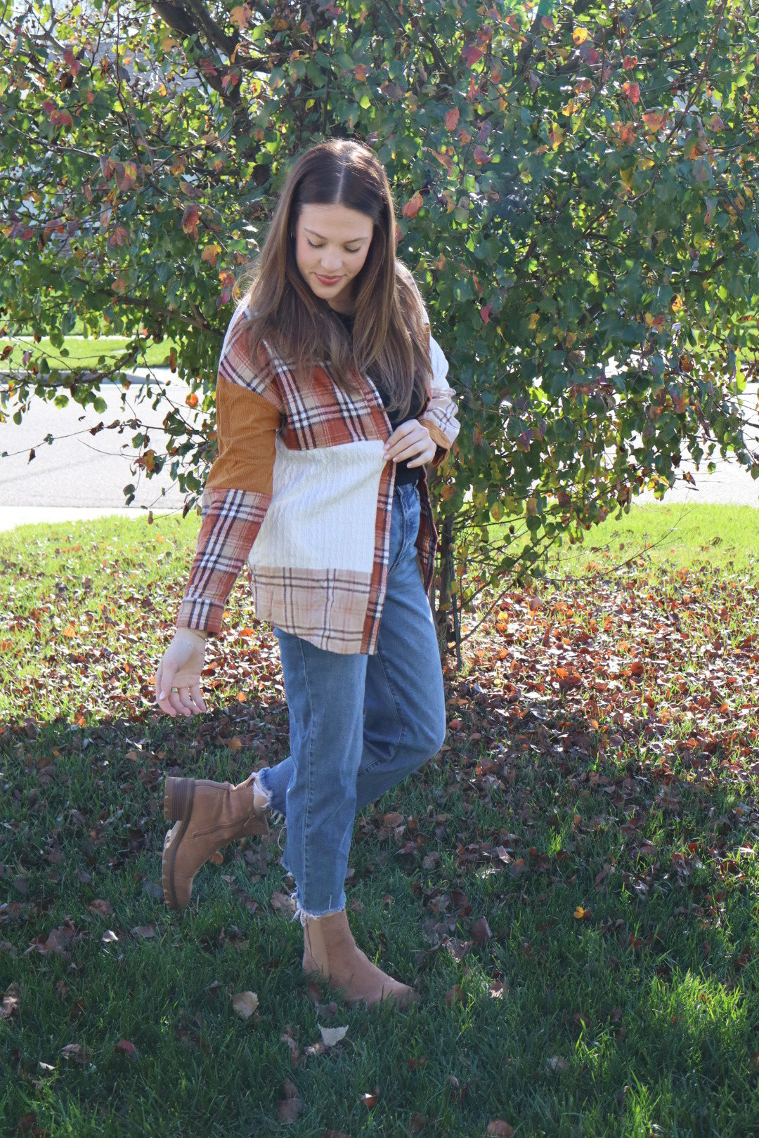 Sutton Plaid Color Block Patchwork Shirt Jacket with Pocket