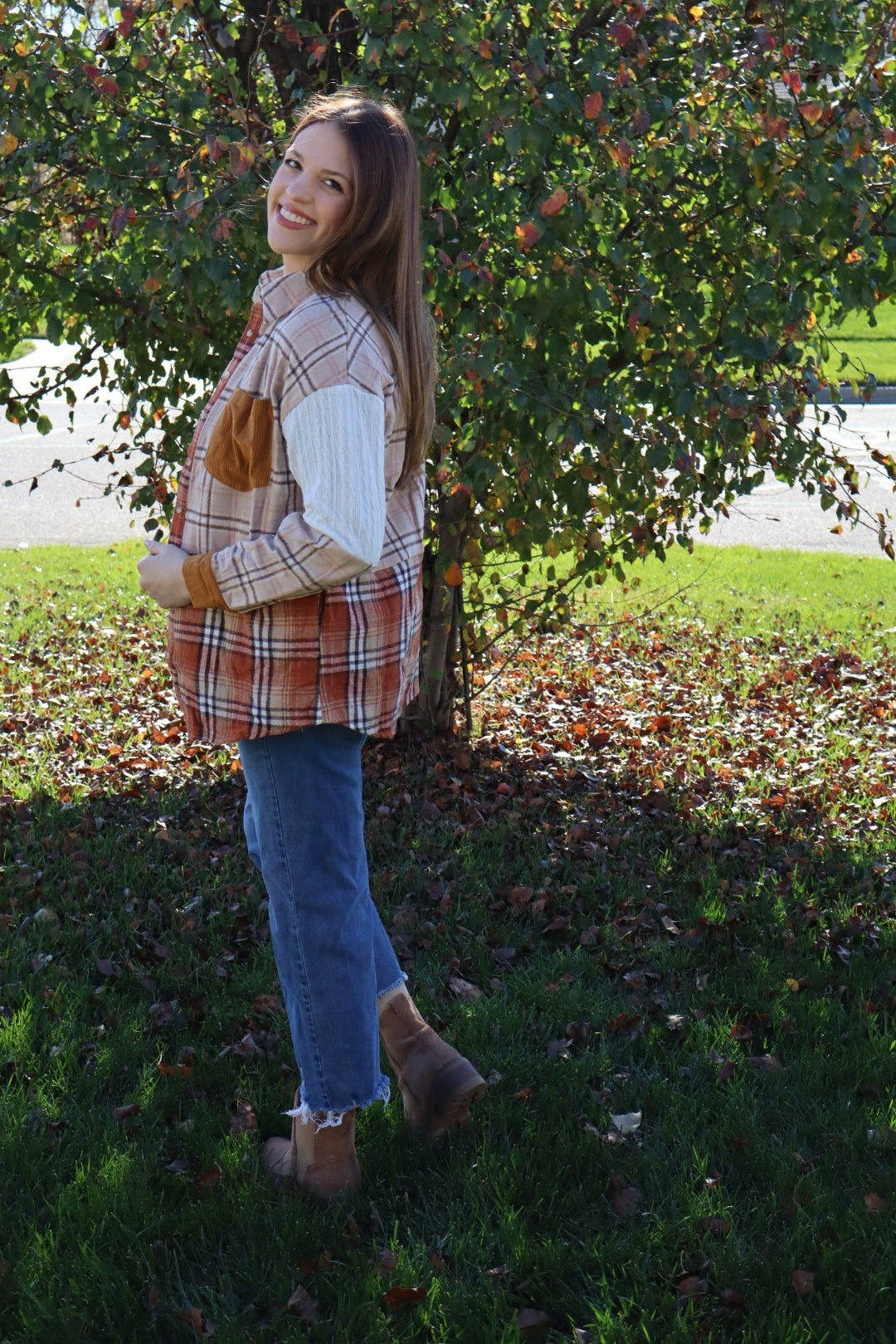 Sutton Plaid Color Block Patchwork Shirt Jacket with Pocket