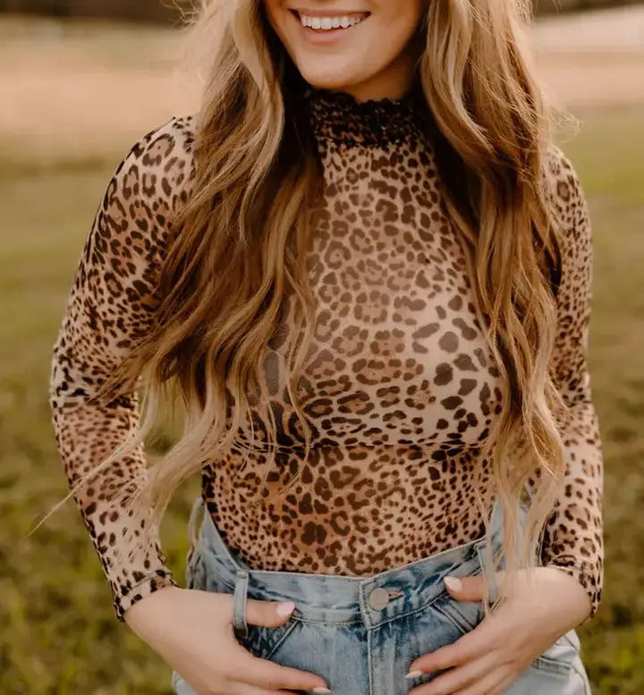 Leopard Smocked Neck Bodysuit