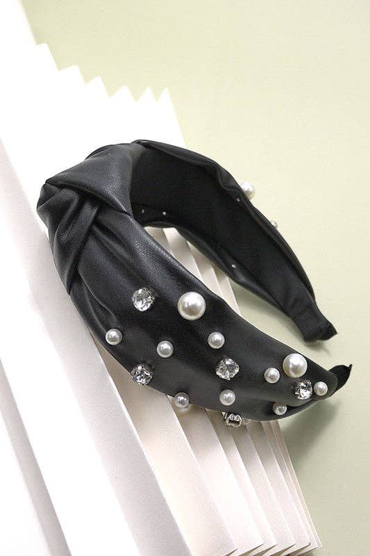 Knotted Faux Leather Pearl + Rhinestone Headband