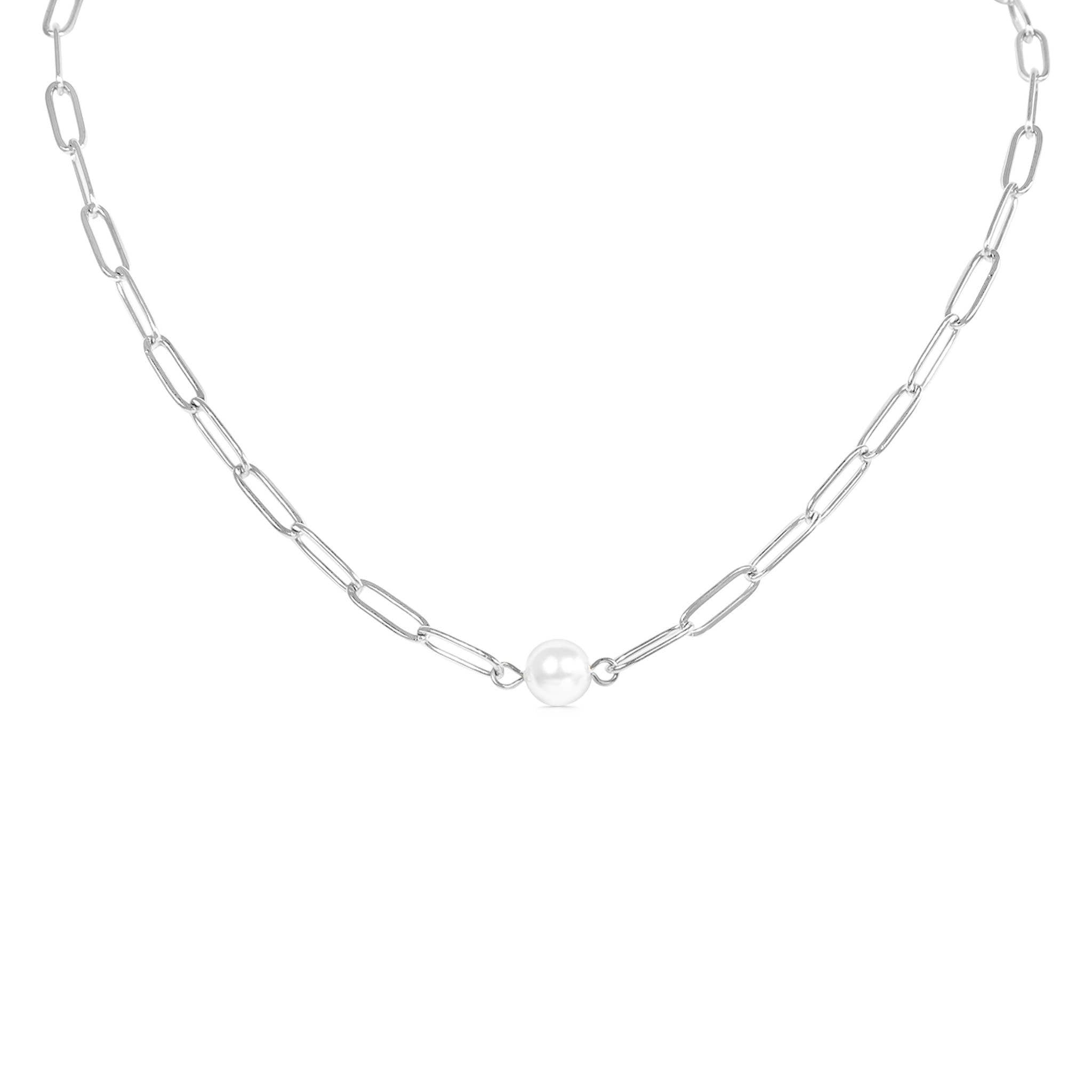 Silver Paperclip Necklace With Pearl